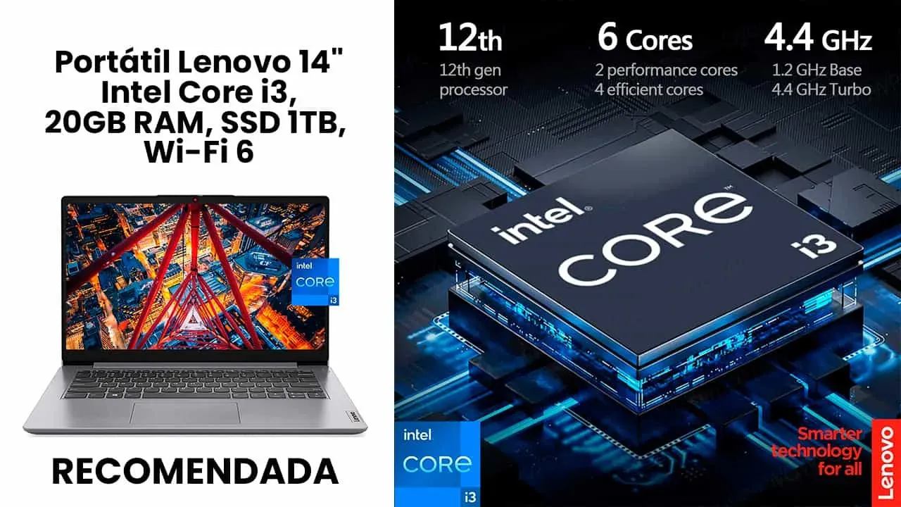 Portátil Lenovo 14: Intel Core i3, 20GB RAM, SSD 1TB, Wi-Fi 6